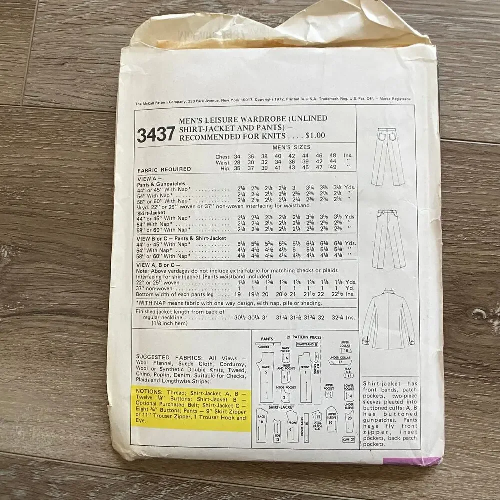 Vintage Sewing Patterns Mens McCall & Simplicity 1970 Chest 40 Waist 34 Lot 2
